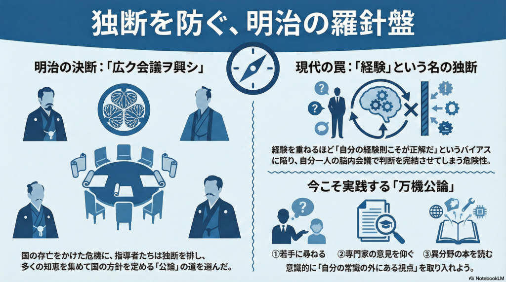 記事タイトル「明治の羅針盤に学ぶ。50代の独断回避術」と、要点3つ「1. 経験則は独断の罠」「2. 修正案に学ぶ柔軟性」「3. 脳内に外部の風を」が記載された要約画像。