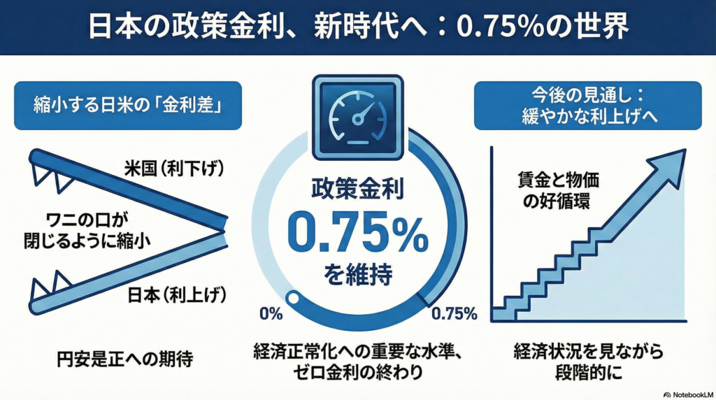 記事要約：『金利0.75%の凪。日米の「温度差」縮小と50代の舵取り』。要点3つ：1. 政策金利0.75%は経済回復の体温。2. 米国利下げで金利差は縮小へ。3. 変動金利ローンは返済額シミュレーションを推奨。