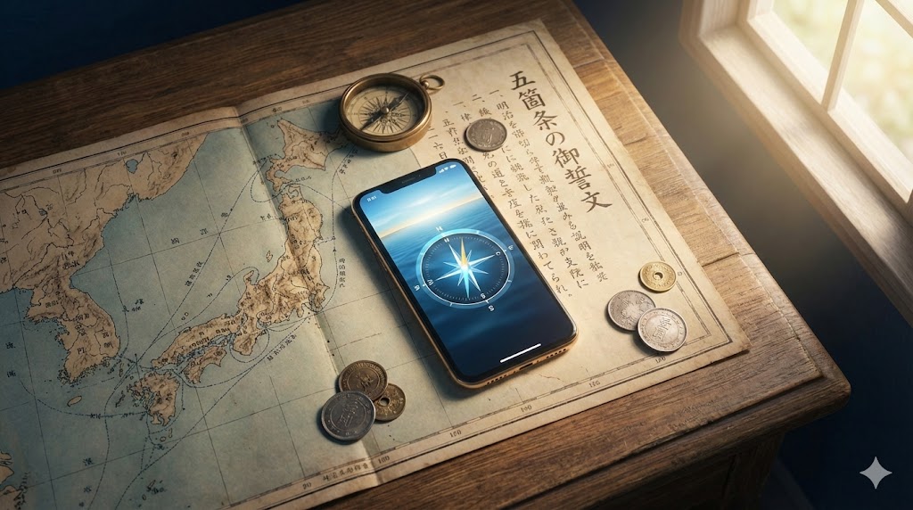 明治時代の古地図と五箇条の御誓文の上に置かれた、コンパスを表示した現代のスマートフォン