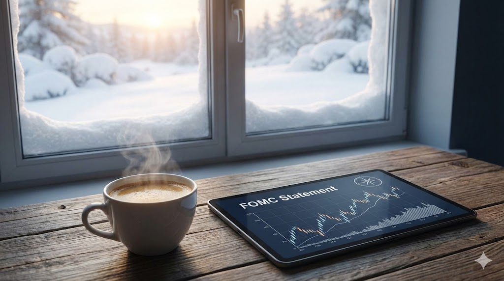 雪に包まれた静かな窓辺で、温かいコーヒーと共にタブレットでFOMC声明とチャートを確認している様子