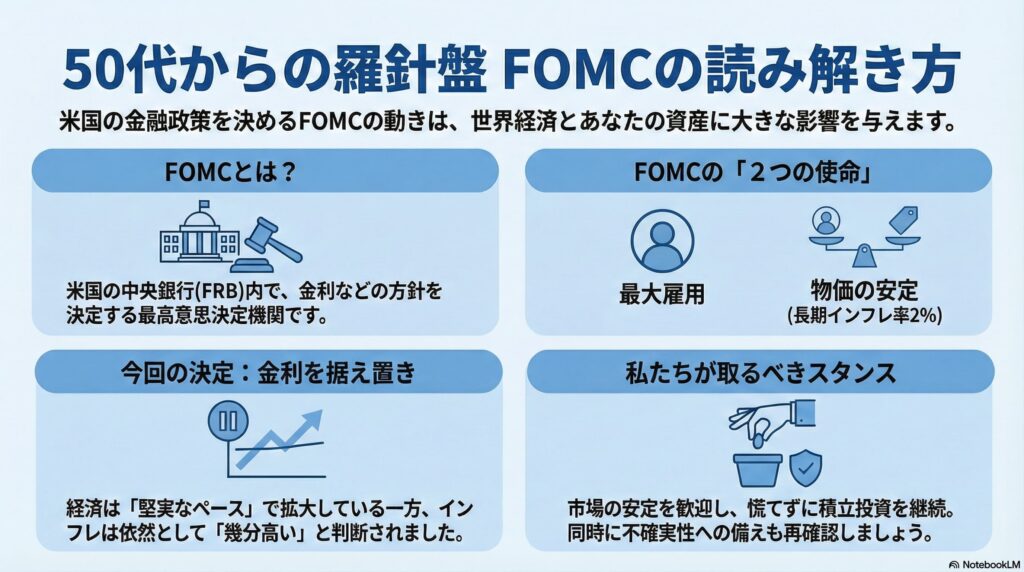 「50代からの羅針盤 FOMCの読み解き方」と題された要約図。FOMCとはFRB内の最高意思決定機関であること、最大雇用と物価安定（2%）の2つの使命、今回の金利据え置き決定、および市場の安定を歓迎し積立を継続すべきというスタンスを4つのブロックで解説しています。