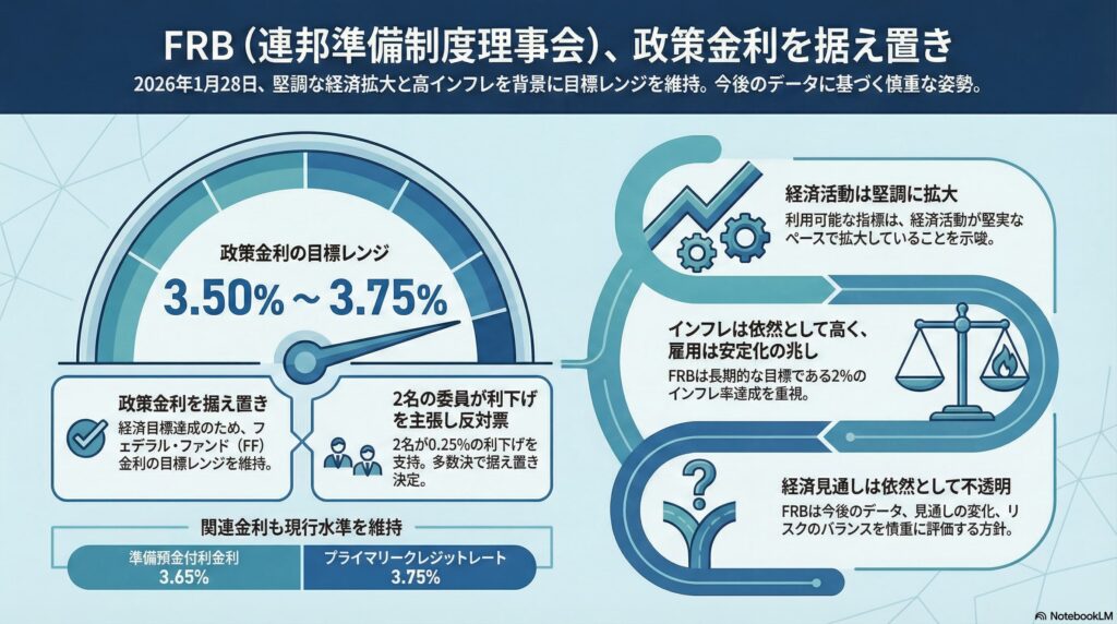 今回の決定事項をまとめた表。金利維持（3.50-3.75%）を中心に、インフレ目標2%への矢印と、反対票を投じた2名の存在を視覚的に整理したもの。
