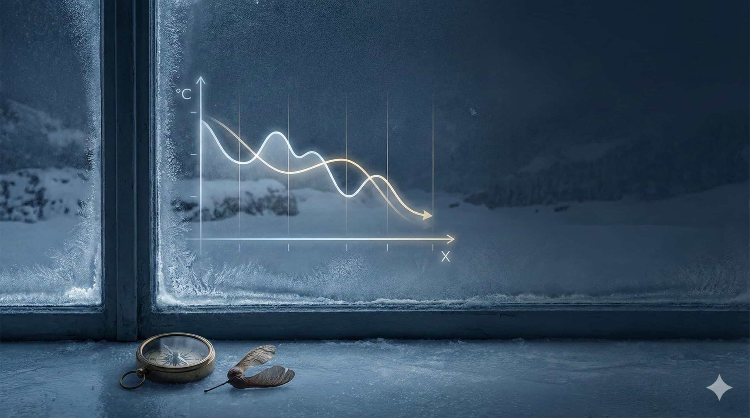 冬の土用の厳寒を示す気温推移グラフが浮かぶ凍った窓。データが突きつける氷点下の現実と、時期を待つための静かな時間を表現したイメージ。