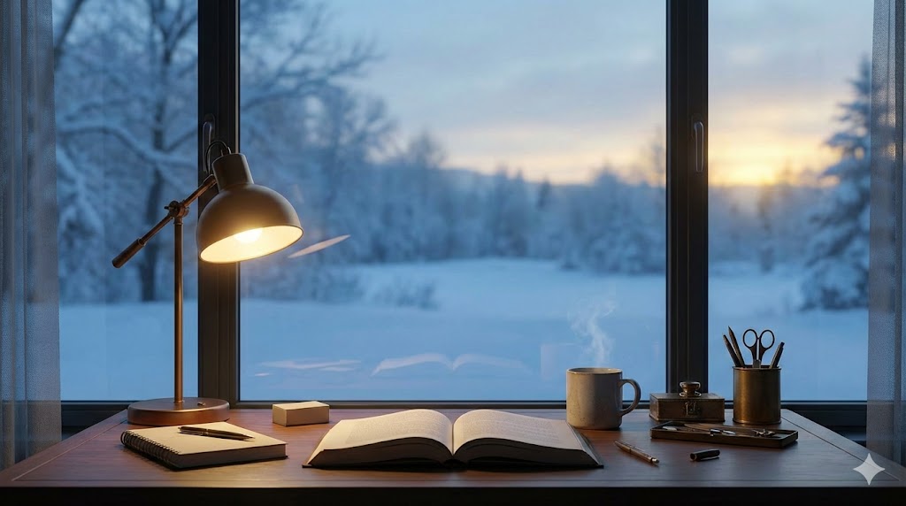 雪景色の窓辺にある整理されたデスクと本。大寒の時期に行う静かな準備と整理整頓のイメージ。
